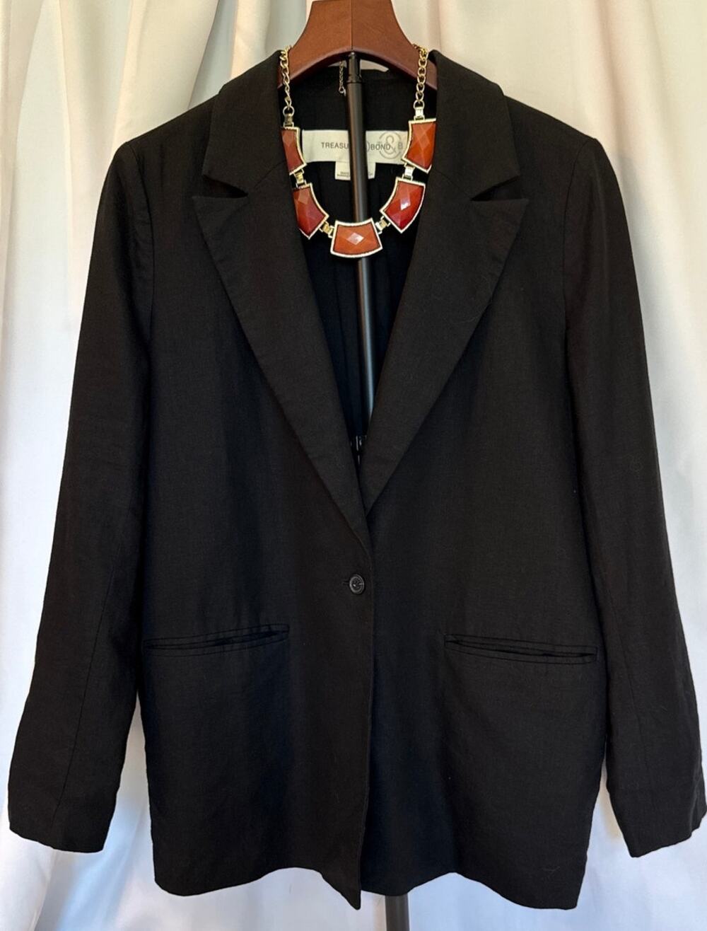 Treasure & Bond Linen Blend Boyfriend Blazer Black XS + Bonus Necklace Career